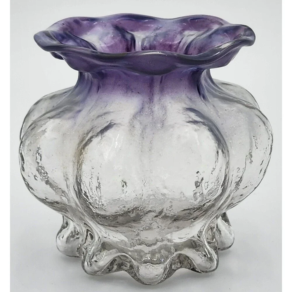 Vintage Melon Shaped Vase- Amethyst to Clear Glass 4”